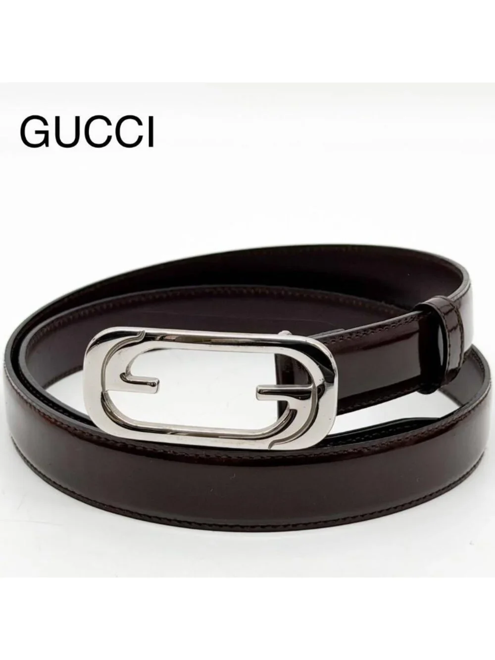 Gucci Patent Brown Belt GG Interlocking G Silver